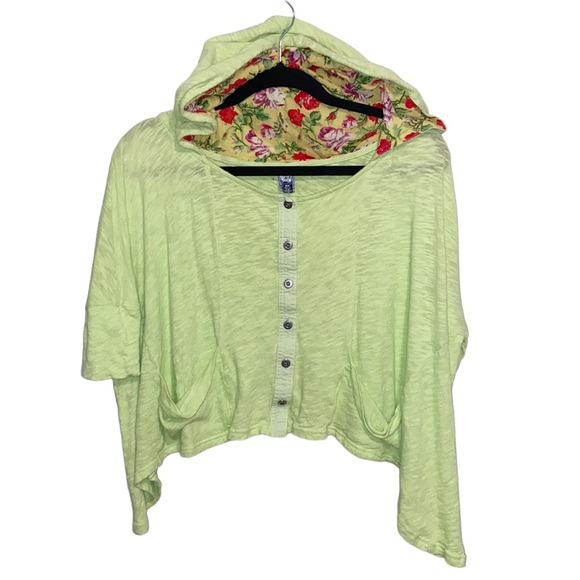 Free People Tops - Vintage Free People Lime Green Floral Crop Short Sleeve Slouchy Hoodie Small